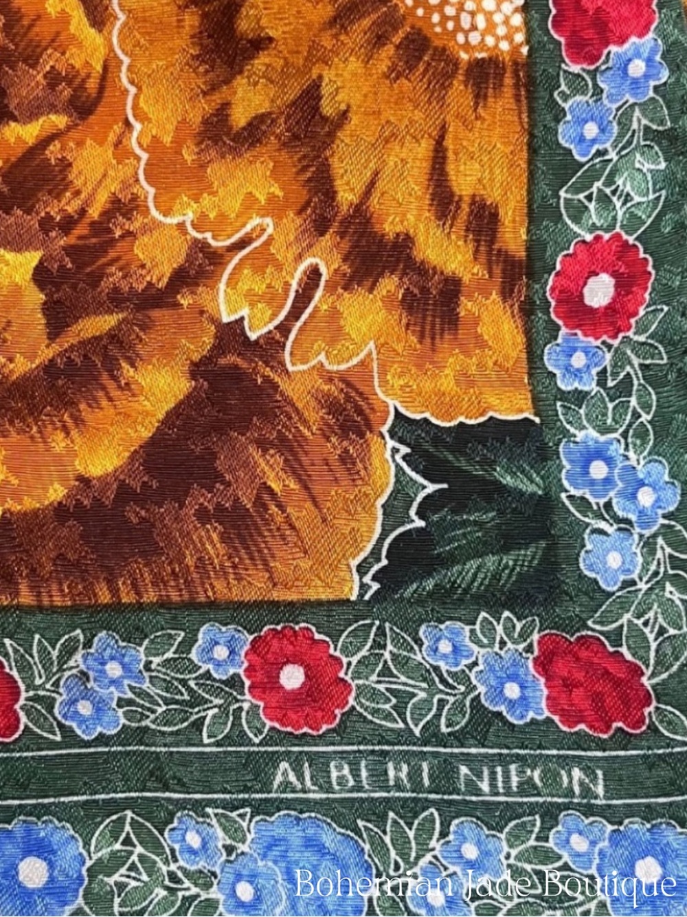 Vintage Albert Nipon 100% Silk Floral Long Rectangle Scarf Blue Gold Green Red - Picture 3 of 5